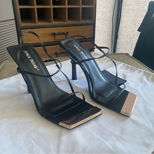 Public Desire Heeled In Black Satin Gold Details, US:7